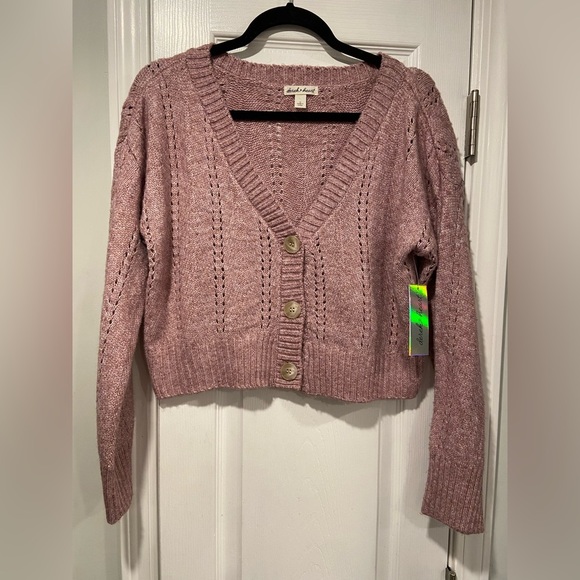 NWT Derek Heart Size M Oversized Cropped V Neck Pointelle Cardigan Lilac Purple - Picture 2 of 12